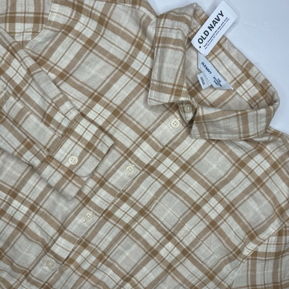 Old Navy The Boyfriend Shirt Women's Medium Cream Beige Plaid Flannel Cotton NEW